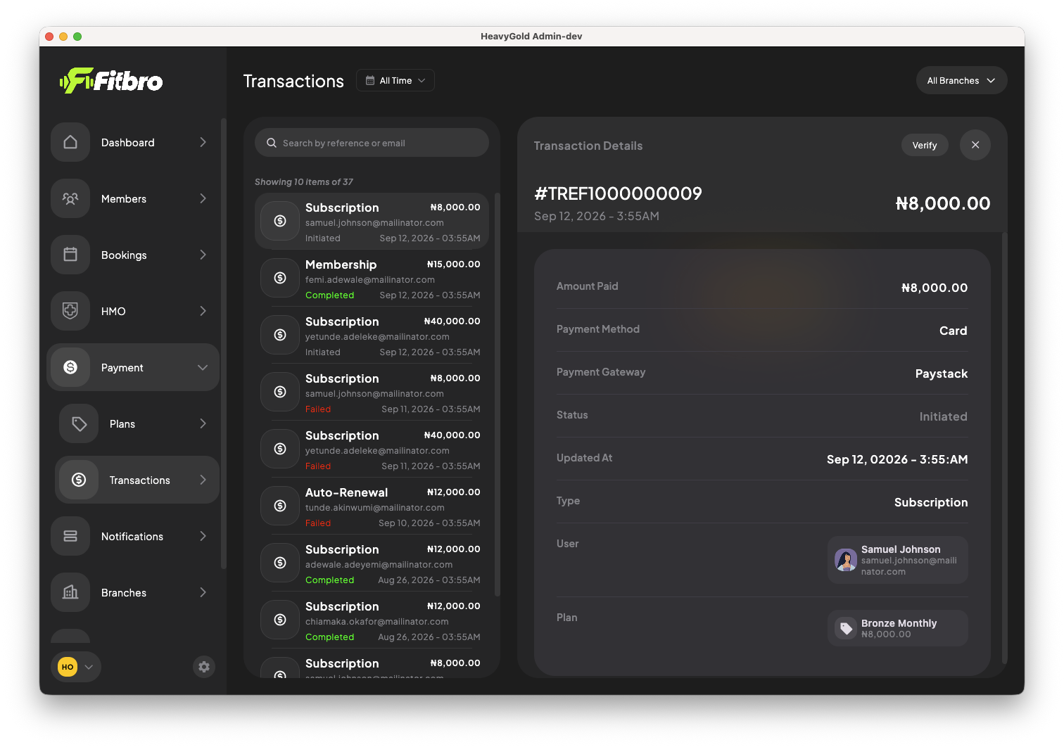 Atlas admin dashboard transaction log, showing a Paystack payment