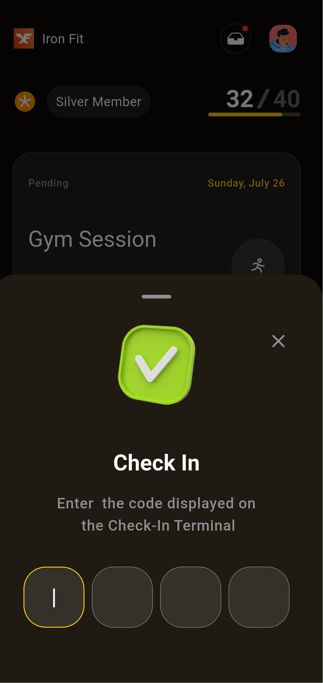 The Atlas member app's check-in code entry screen
