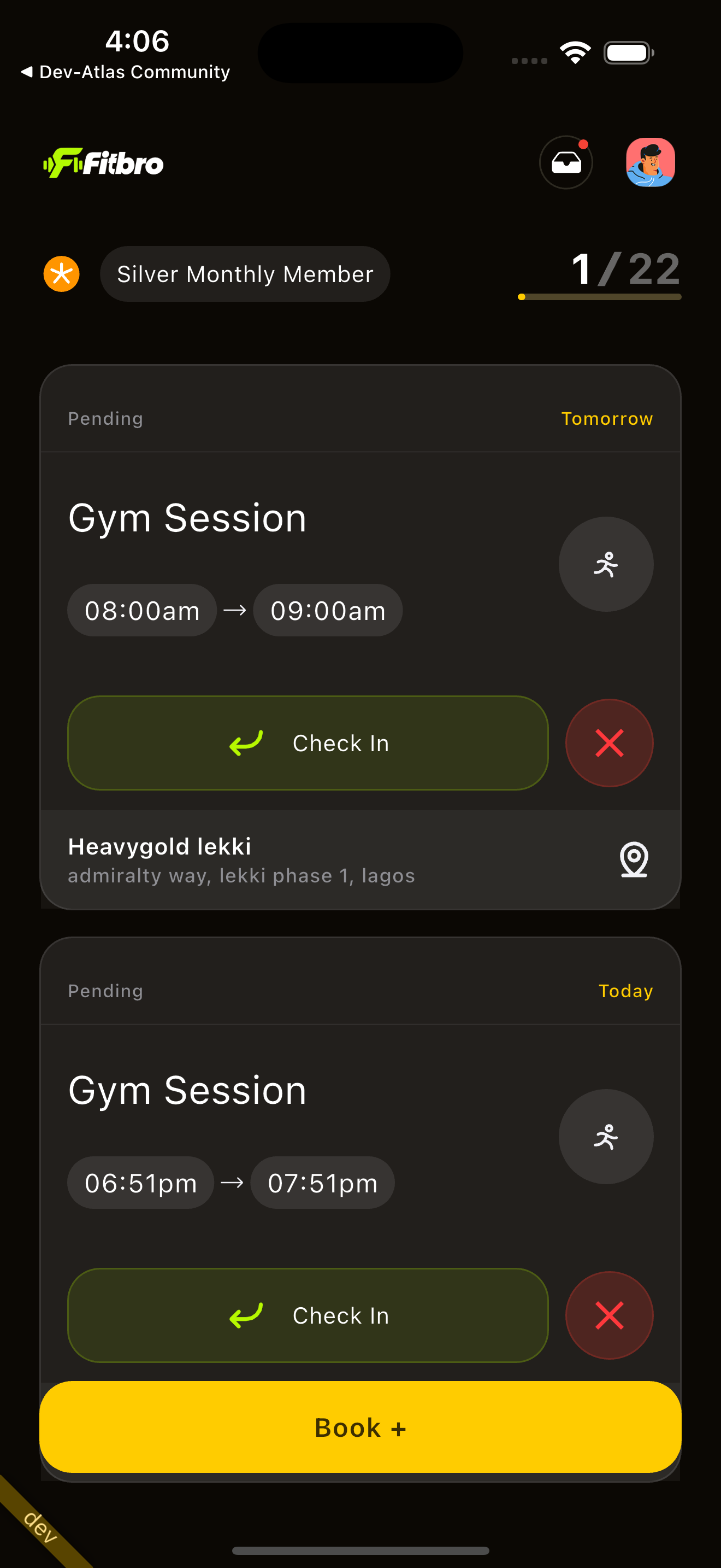 The Atlas member app's home screen, showing upcoming sessions and a book button