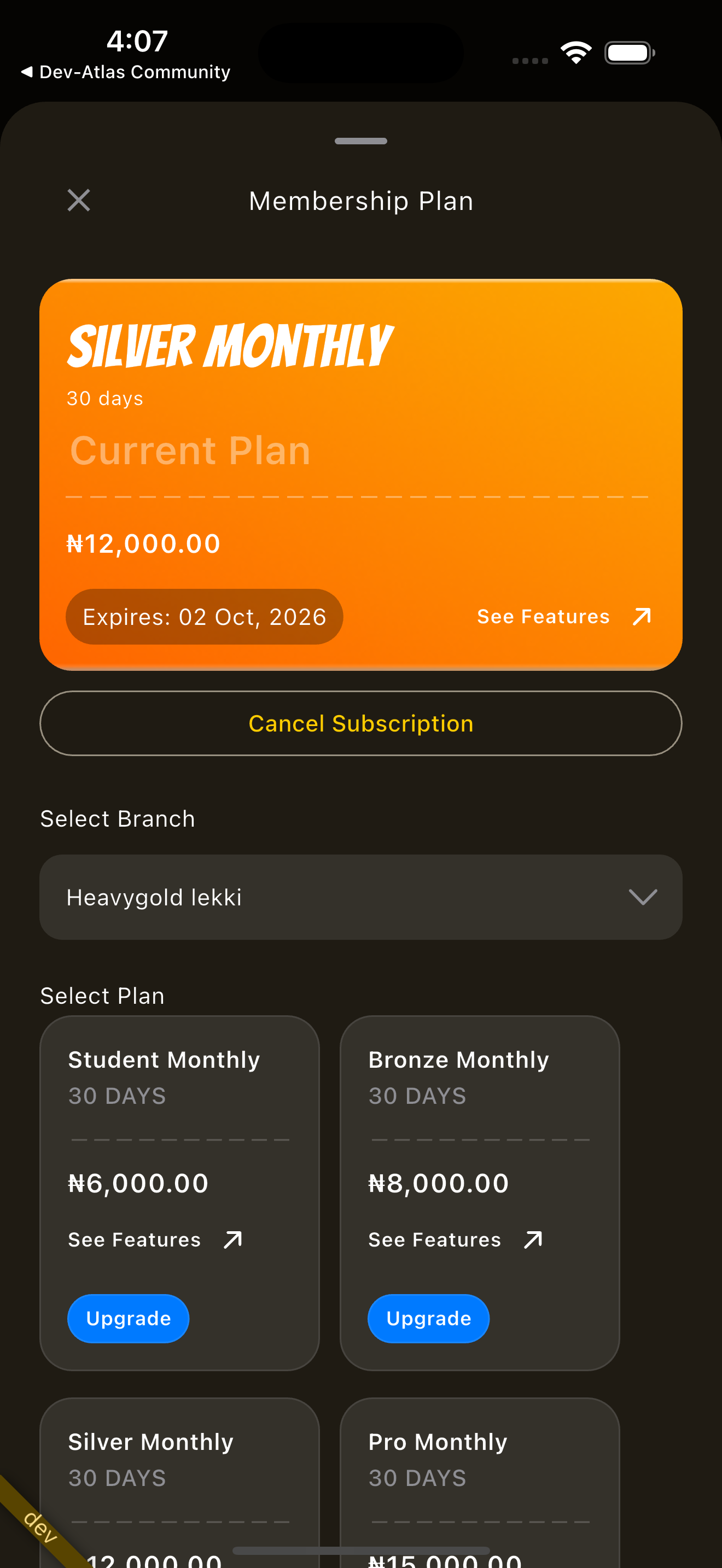 The Atlas member app's subscription management screen, with cancel and upgrade controls